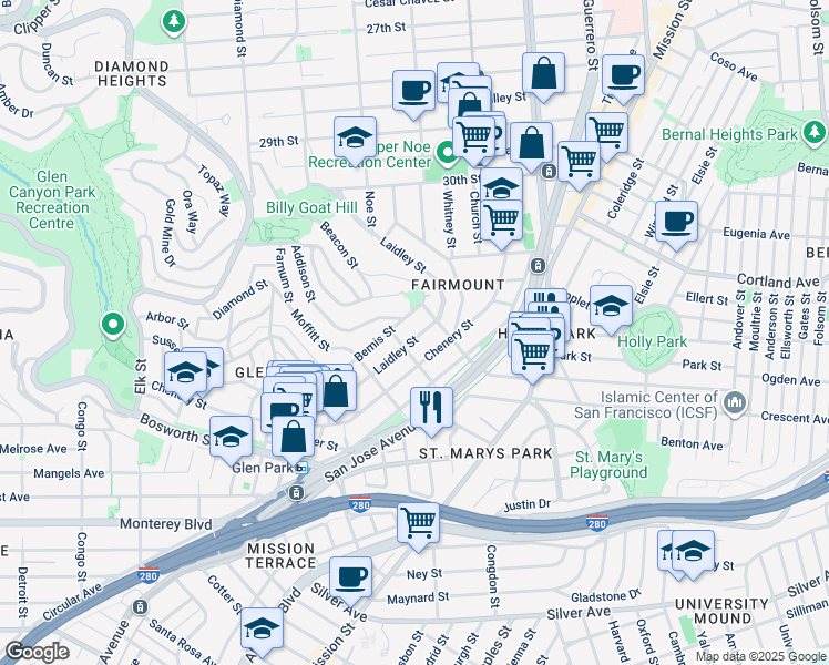 map of restaurants, bars, coffee shops, grocery stores, and more near 360 Laidley Street in San Francisco