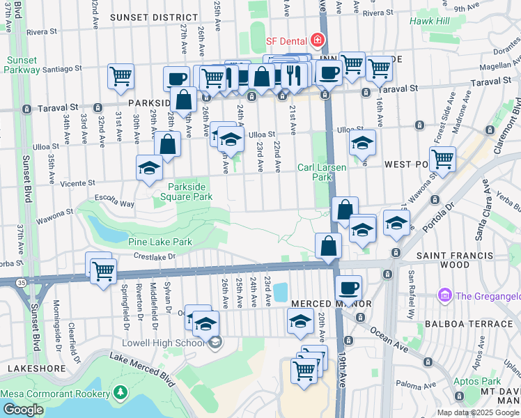 map of restaurants, bars, coffee shops, grocery stores, and more near 1200 Wawona Street in San Francisco