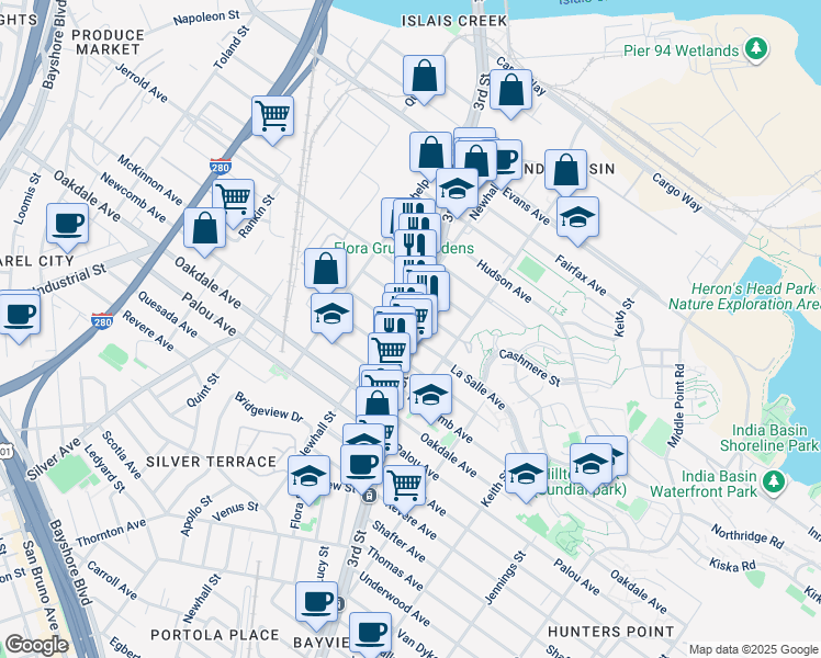 map of restaurants, bars, coffee shops, grocery stores, and more near 4440 3rd Street in San Francisco