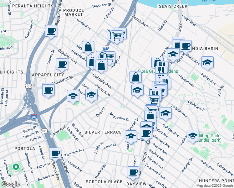 map of restaurants, bars, coffee shops, grocery stores, and more near 1887 Oakdale Avenue in San Francisco