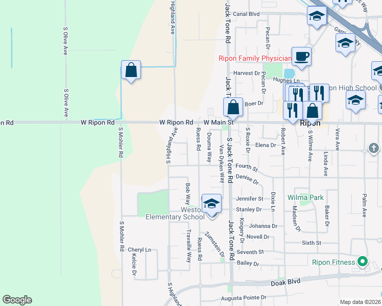 map of restaurants, bars, coffee shops, grocery stores, and more near 1746 Kayla Court in Ripon