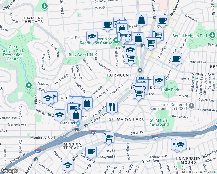 map of restaurants, bars, coffee shops, grocery stores, and more near 350 Laidley Street in San Francisco
