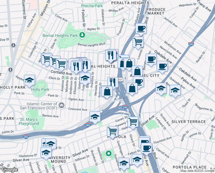 map of restaurants, bars, coffee shops, grocery stores, and more near 350 Bradford Street in San Francisco