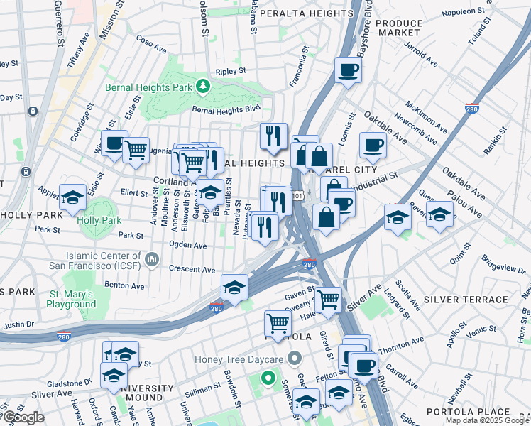 map of restaurants, bars, coffee shops, grocery stores, and more near 350 Bradford Street in San Francisco