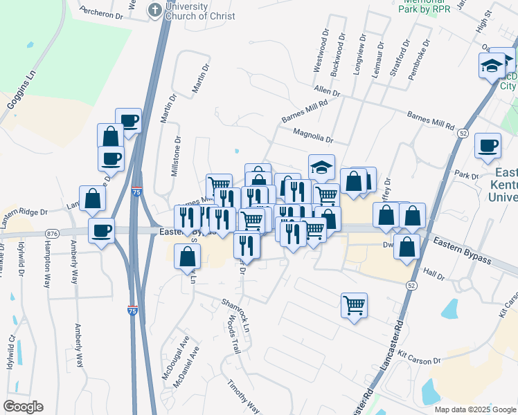 map of restaurants, bars, coffee shops, grocery stores, and more near 205 Geri Lane in Richmond