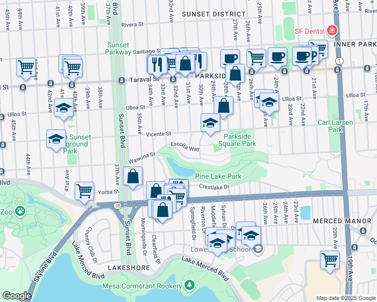 map of restaurants, bars, coffee shops, grocery stores, and more near 2015 Wawona Street in San Francisco