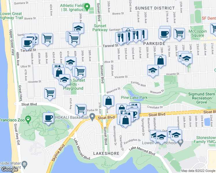 map of restaurants, bars, coffee shops, grocery stores, and more near 2656 36th Avenue in San Francisco