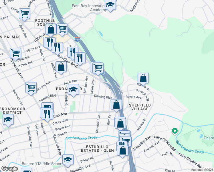 map of restaurants, bars, coffee shops, grocery stores, and more near 819 MacArthur Boulevard in Oakland
