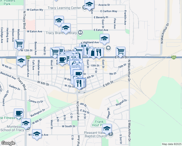 map of restaurants, bars, coffee shops, grocery stores, and more near 105 East 8th Street in Tracy
