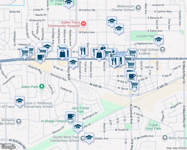 map of restaurants, bars, coffee shops, grocery stores, and more near 747 Windeler Avenue in Tracy