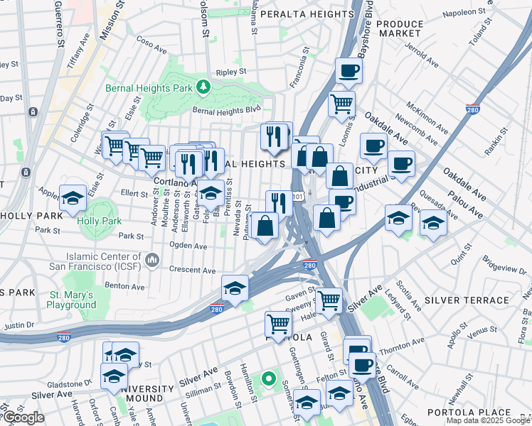 map of restaurants, bars, coffee shops, grocery stores, and more near 945 Tompkins Avenue in San Francisco
