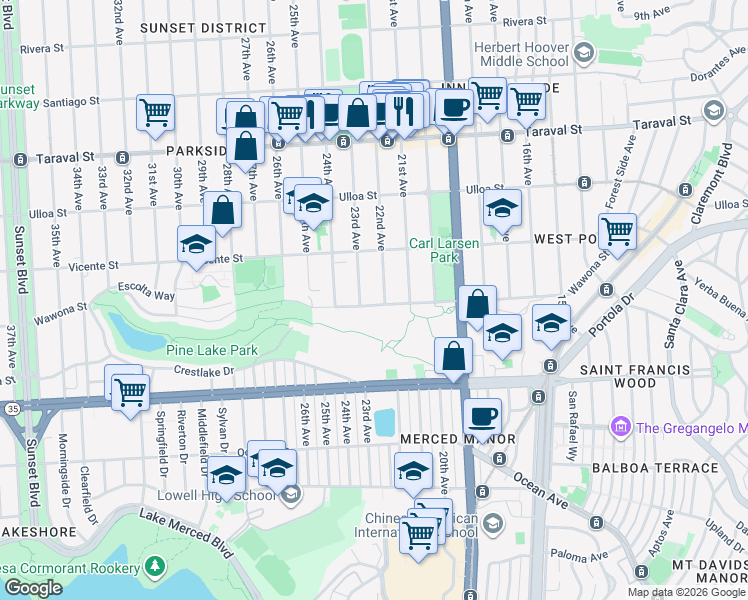 map of restaurants, bars, coffee shops, grocery stores, and more near 1200 Wawona Street in San Francisco