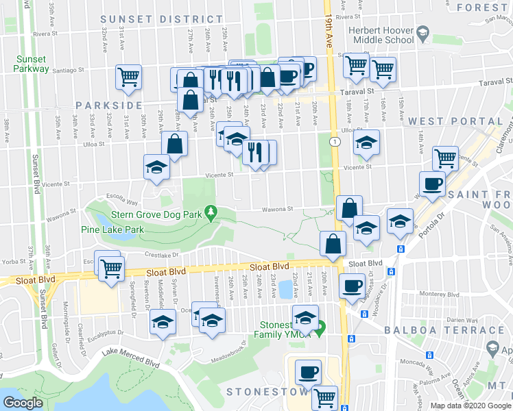 map of restaurants, bars, coffee shops, grocery stores, and more near 1300 Wawona Street in San Francisco