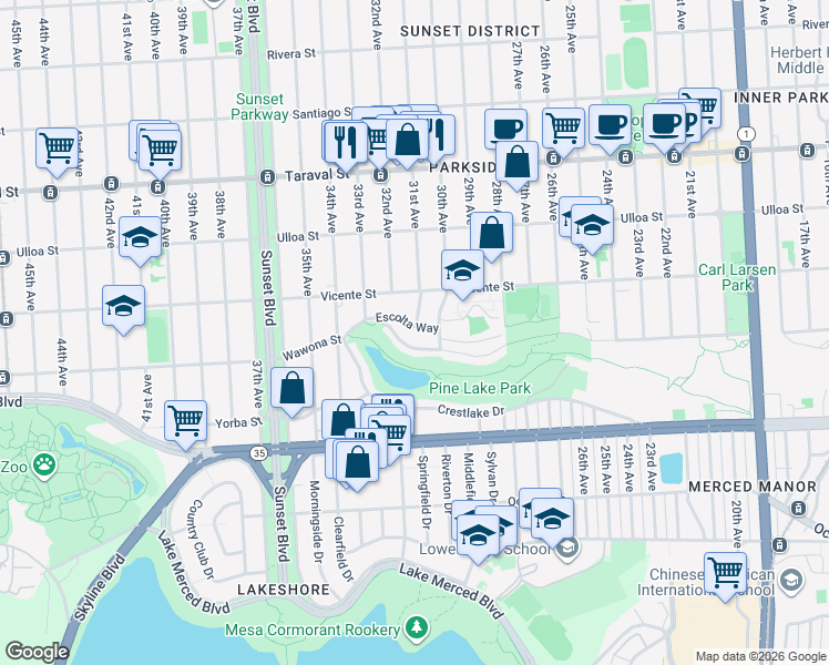 map of restaurants, bars, coffee shops, grocery stores, and more near 2015 Wawona Street in San Francisco