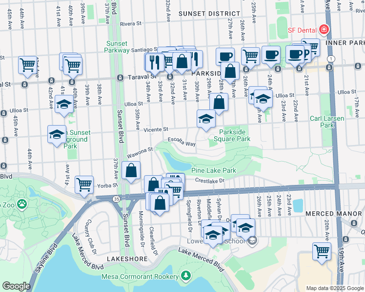 map of restaurants, bars, coffee shops, grocery stores, and more near 2015 Wawona Street in San Francisco