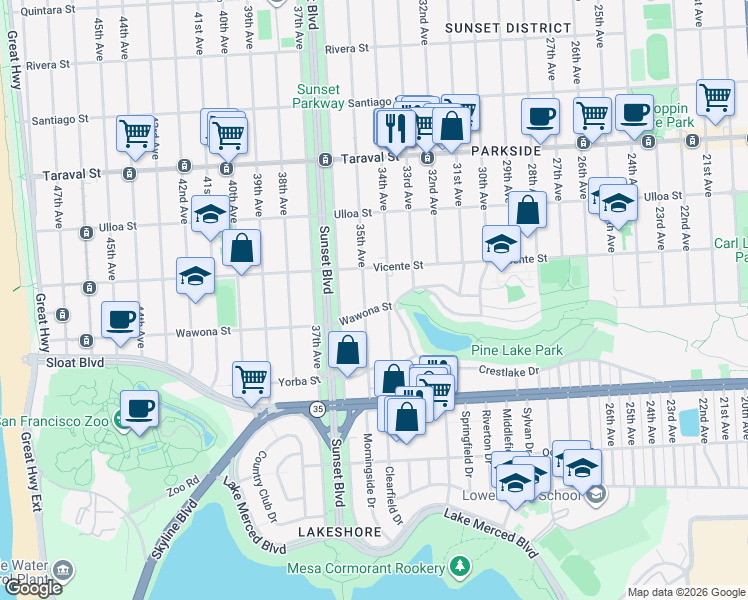map of restaurants, bars, coffee shops, grocery stores, and more near 2711 34th Avenue in San Francisco