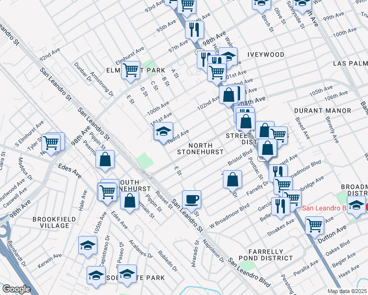 map of restaurants, bars, coffee shops, grocery stores, and more near 1106 104th Avenue in Oakland