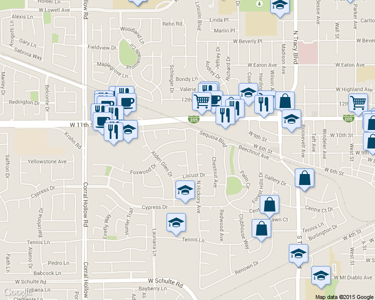 map of restaurants, bars, coffee shops, grocery stores, and more near 1525 Foxwood Drive in Tracy