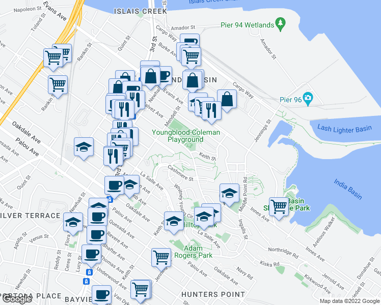map of restaurants, bars, coffee shops, grocery stores, and more near Hudson Ave & Keith St in San Francisco