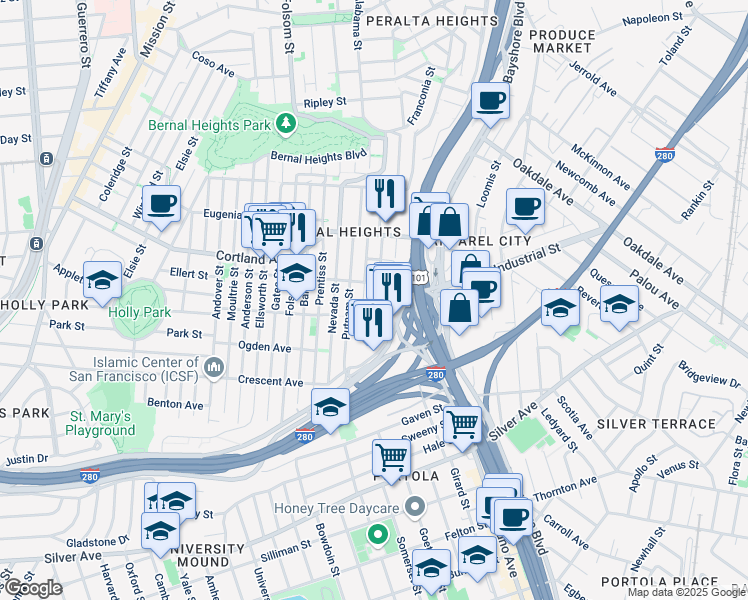 map of restaurants, bars, coffee shops, grocery stores, and more near 340 Bradford Street in San Francisco