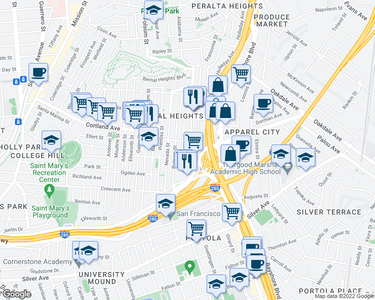 map of restaurants, bars, coffee shops, grocery stores, and more near 340 Bradford Street in San Francisco