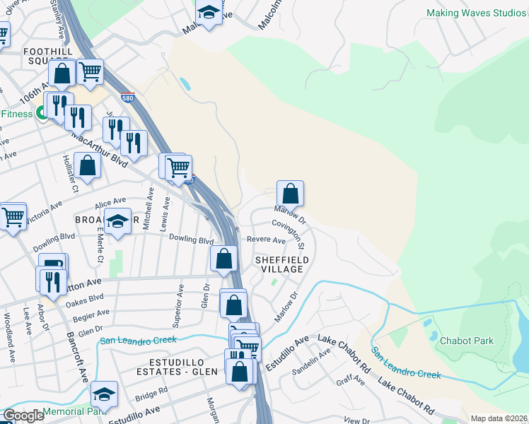 map of restaurants, bars, coffee shops, grocery stores, and more near 138 Covington Street in Oakland