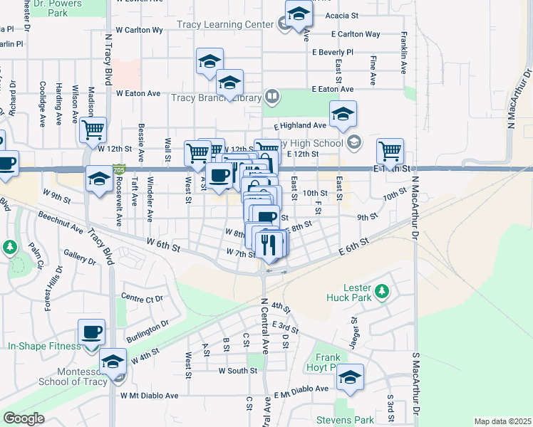 map of restaurants, bars, coffee shops, grocery stores, and more near 821 D Street in Tracy