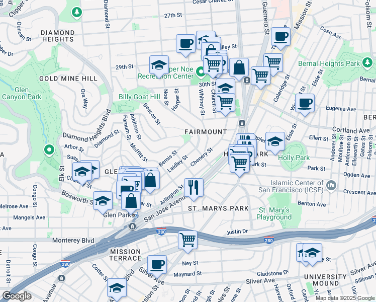 map of restaurants, bars, coffee shops, grocery stores, and more near 342 Chenery Street in San Francisco