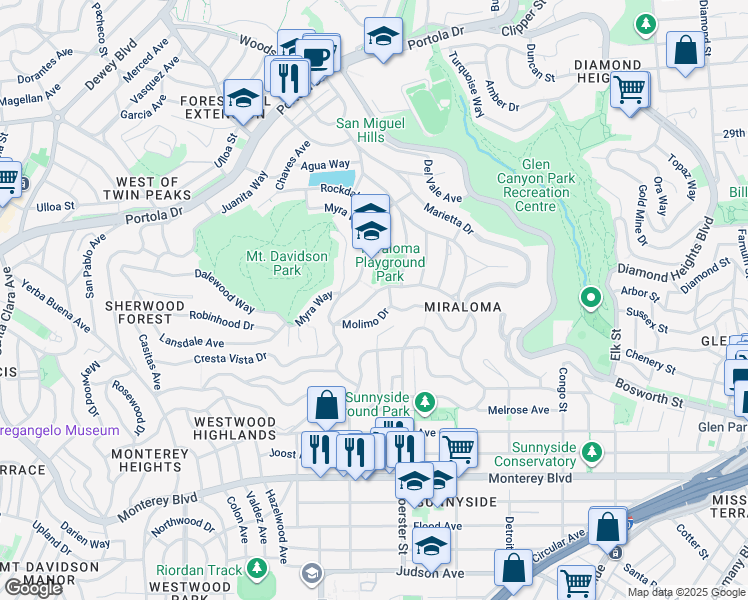 map of restaurants, bars, coffee shops, grocery stores, and more near 231 Bella Vista Way in San Francisco