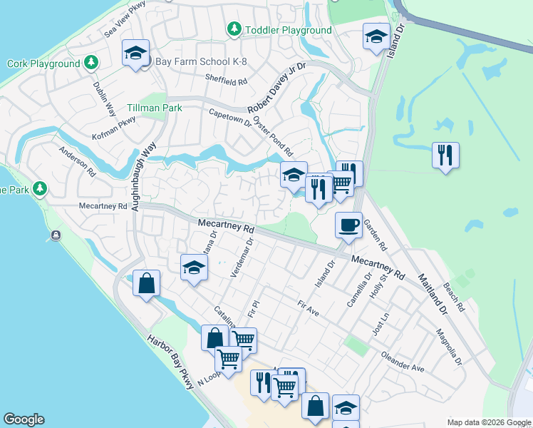map of restaurants, bars, coffee shops, grocery stores, and more near 217 Lagunaria Lane in Alameda