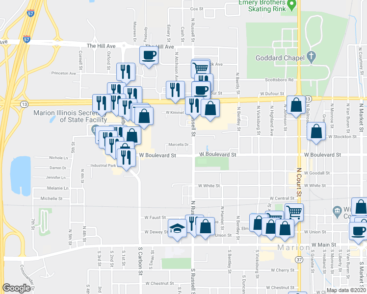 map of restaurants, bars, coffee shops, grocery stores, and more near 1601 Marcella Drive in Marion