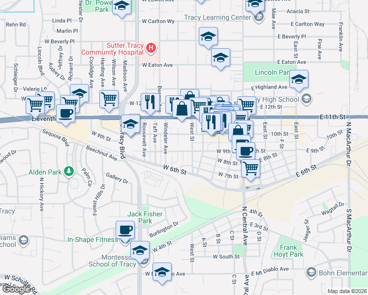 map of restaurants, bars, coffee shops, grocery stores, and more near 333 West 9th Street in Tracy
