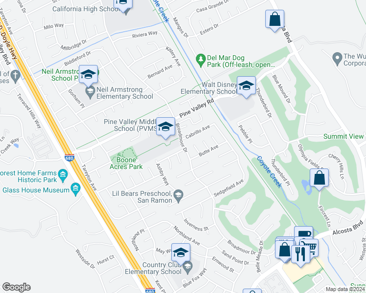 map of restaurants, bars, coffee shops, grocery stores, and more near 9755 Broadmoor Drive in San Ramon