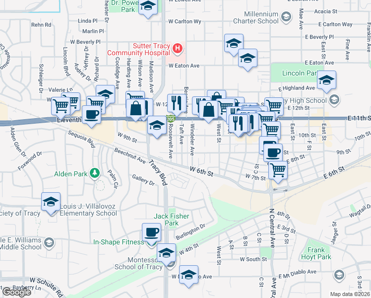 map of restaurants, bars, coffee shops, grocery stores, and more near 747 Windeler Avenue in Tracy
