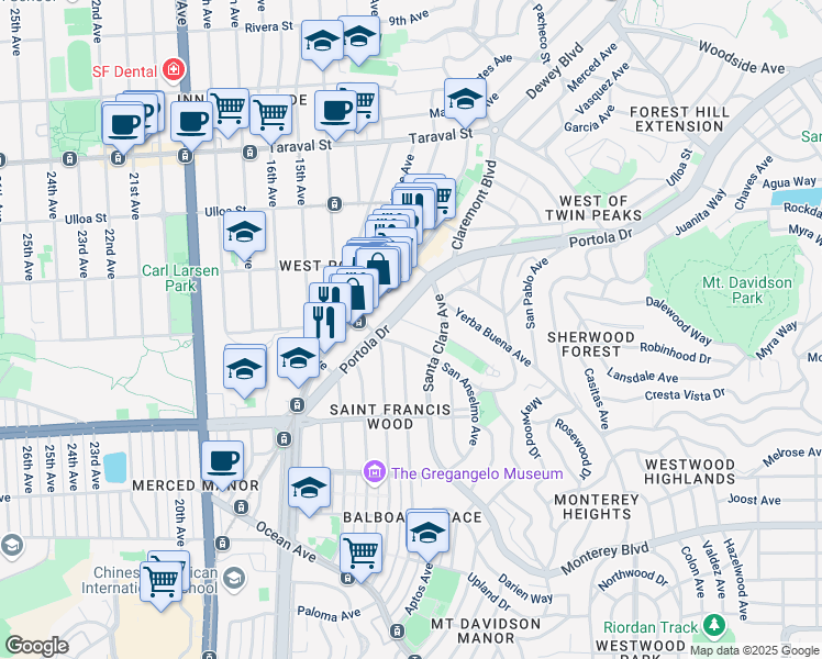 map of restaurants, bars, coffee shops, grocery stores, and more near 48 Terrace Drive in San Francisco