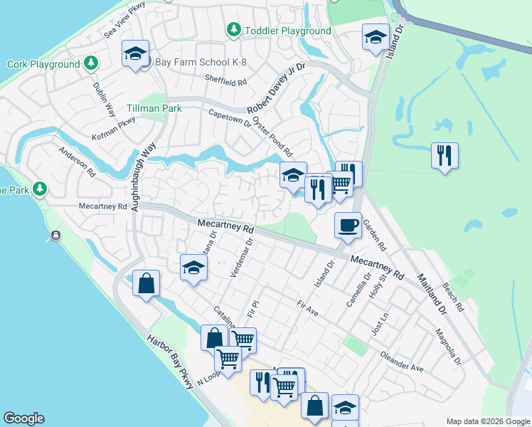 map of restaurants, bars, coffee shops, grocery stores, and more near 217 Lagunaria Lane in Alameda