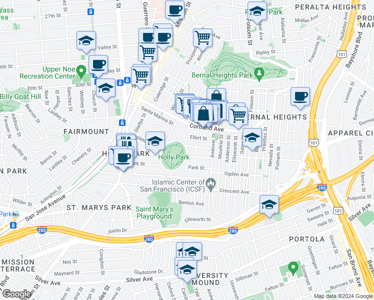map of restaurants, bars, coffee shops, grocery stores, and more near 266-352 Holly Park Circle in San Francisco