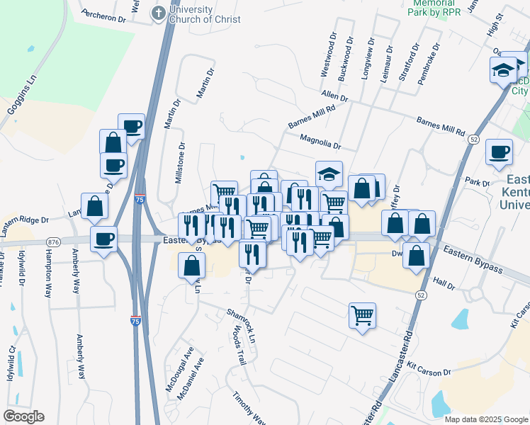 map of restaurants, bars, coffee shops, grocery stores, and more near 525b Leighway Drive in Richmond