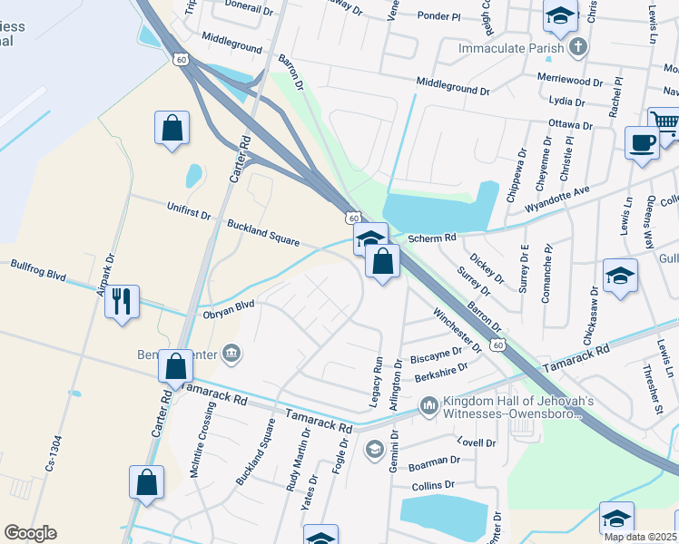 map of restaurants, bars, coffee shops, grocery stores, and more near 3441 Legacy Run in Owensboro