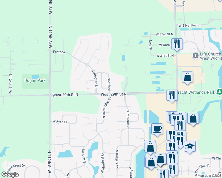 map of restaurants, bars, coffee shops, grocery stores, and more near 10931-11247 West 29th Street North in Wichita