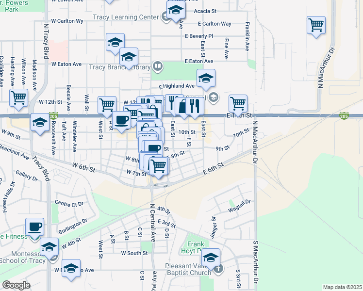 map of restaurants, bars, coffee shops, grocery stores, and more near 127 West 9th Street in Tracy