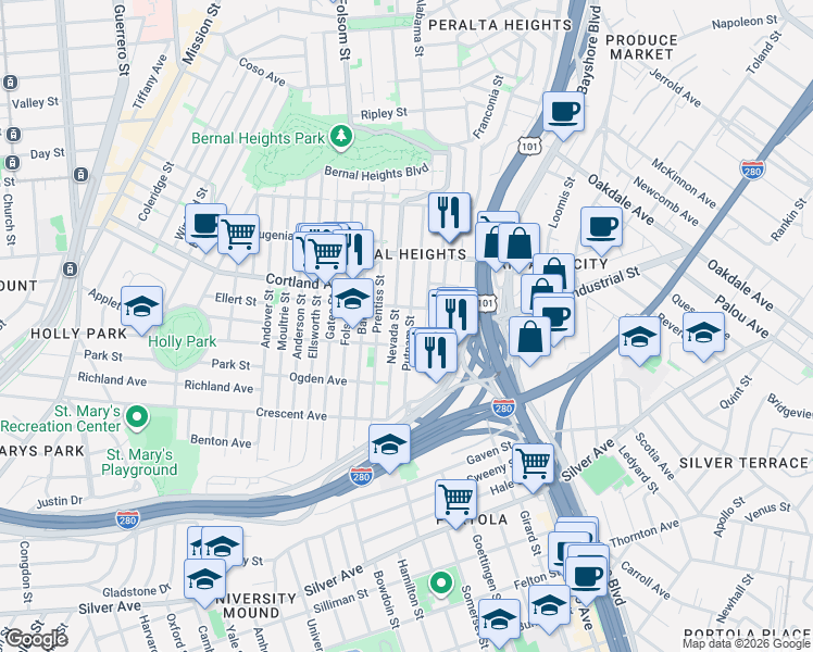 map of restaurants, bars, coffee shops, grocery stores, and more near 945 Tompkins Avenue in San Francisco