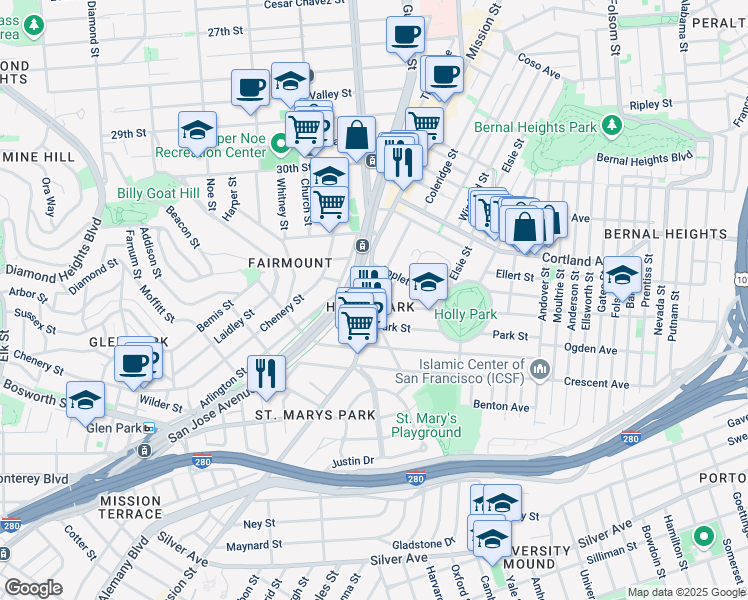 map of restaurants, bars, coffee shops, grocery stores, and more near 3695 Mission Street in San Francisco