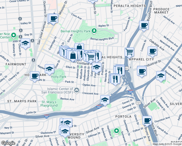 map of restaurants, bars, coffee shops, grocery stores, and more near 454 Gates Street in San Francisco