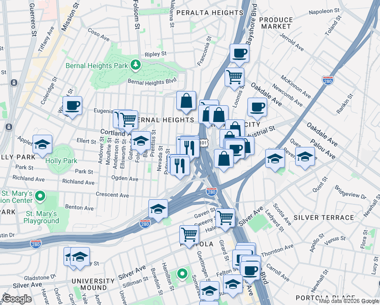 map of restaurants, bars, coffee shops, grocery stores, and more near 913 Peralta Avenue in San Francisco