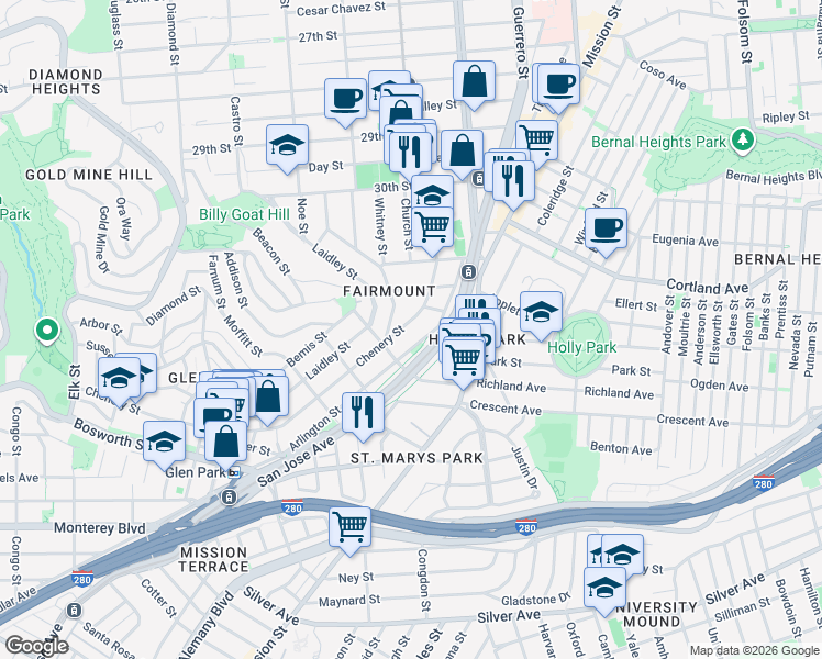 map of restaurants, bars, coffee shops, grocery stores, and more near 257 Chenery Street in San Francisco