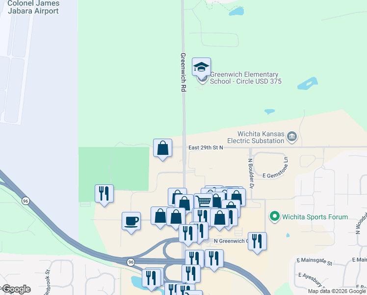 map of restaurants, bars, coffee shops, grocery stores, and more near East 29th Street North in Wichita
