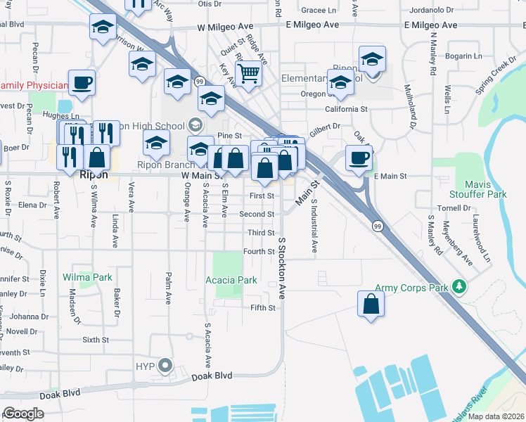 map of restaurants, bars, coffee shops, grocery stores, and more near 139 3rd Street in Ripon