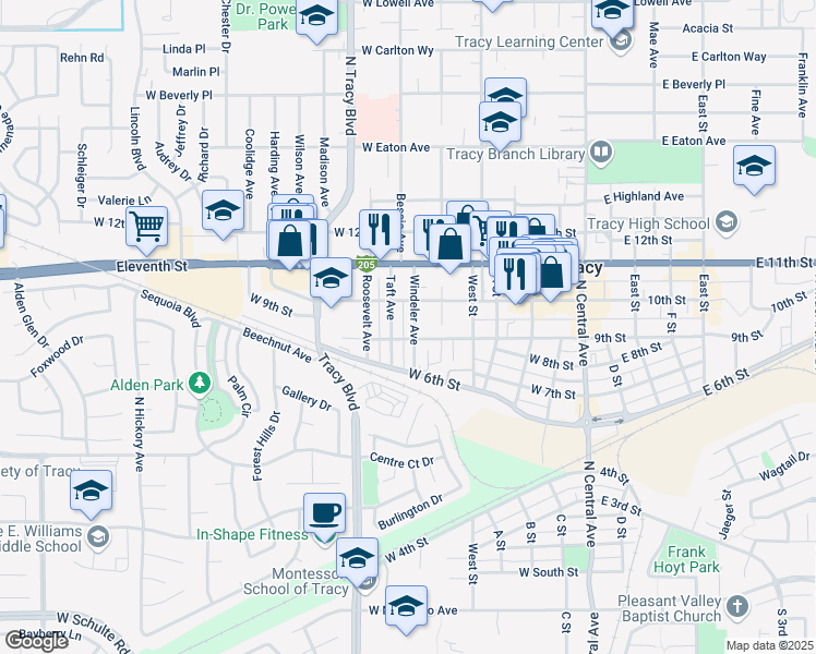 map of restaurants, bars, coffee shops, grocery stores, and more near 747 Windeler Avenue in Tracy