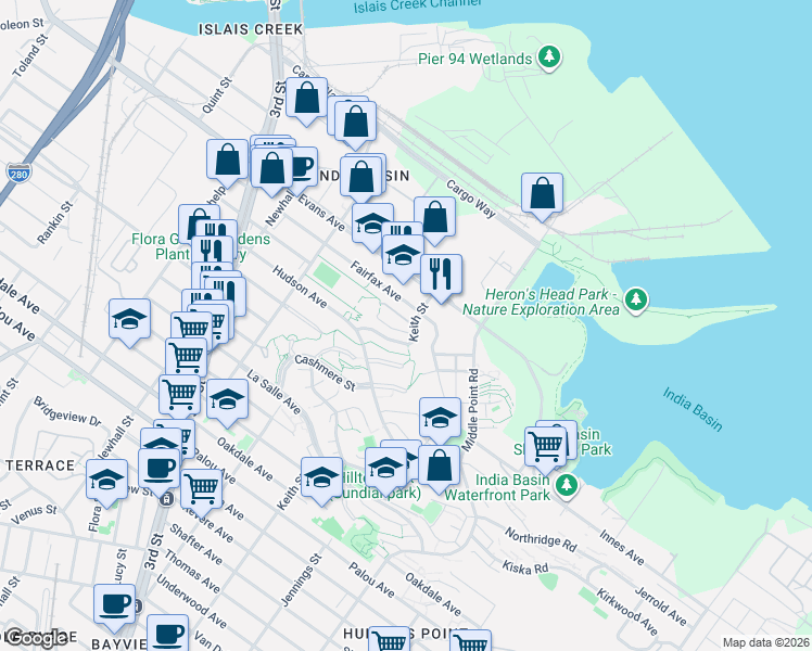map of restaurants, bars, coffee shops, grocery stores, and more near 603 Keith Street in San Francisco